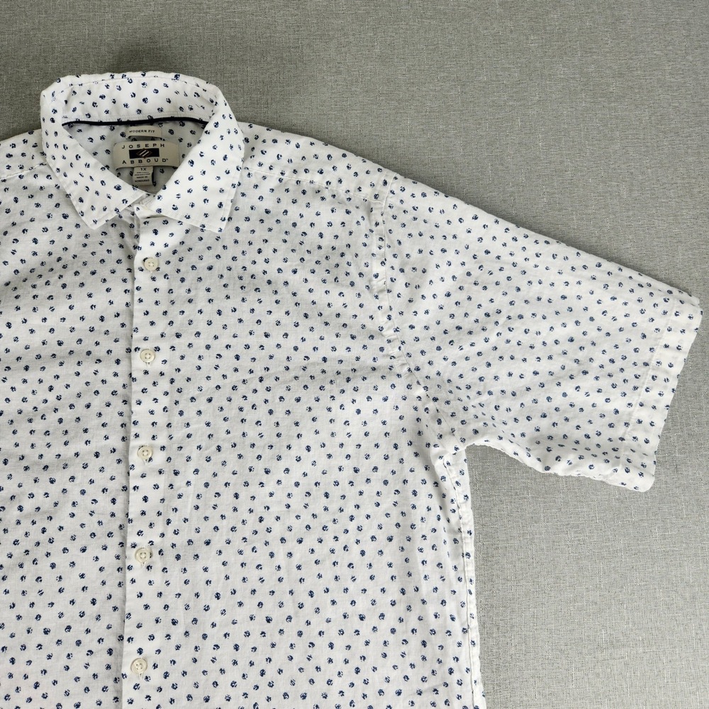 Joseph Abboud Mens 1X Linen Cotton Short Sleeve Button Up White Blue Print EUC